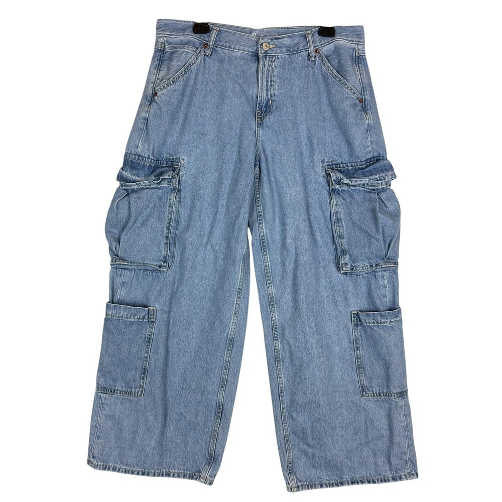 Old Navy Baggy Wide Leg Cargo Jeans Womens 12 Light Wash Blue Midโ Rise Denim